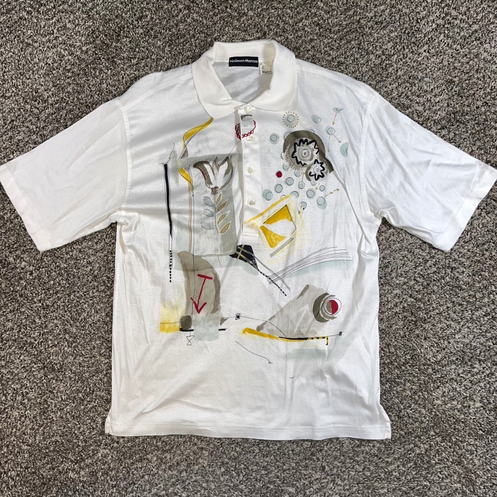 Vintage 80s Neiman Marcus Small Made in Italy Abstract Graphic Polo Shirt White
